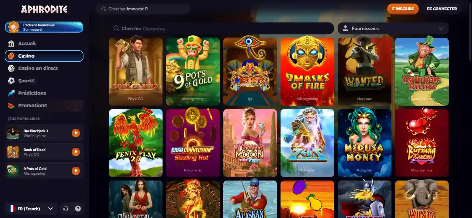 Catalogue de jeux Aphrodite Casino avec ses principales catégories