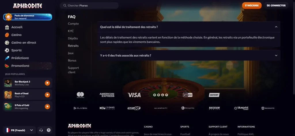 Écran de retrait et de vérification Aphrodite Casino