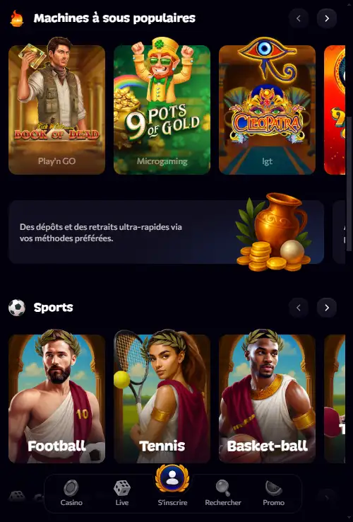 Interface mobile Aphrodite Casino affichée dans un navigateur